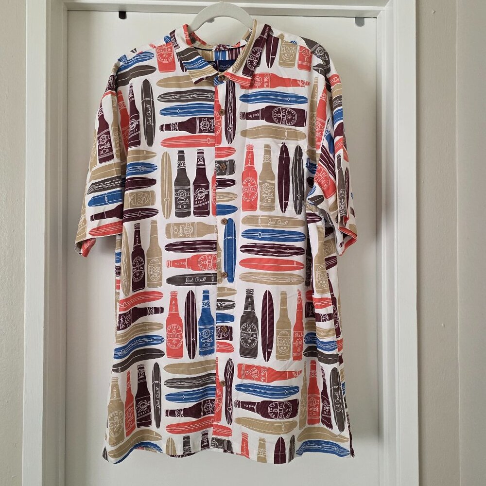 Jack O'Neill Collection Hawaiian Shirt Button Up Beer Bottle Surf Board Size XXL